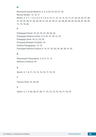 82As Práticas e a Docência em Música Índice Remissivo
M
Movimento Escola Moderna 5, 6, 8, 23, 24, 25, 27, 29
Murray Schafer 15, 16, 17
Música 2, 5, 7, 1, 2, 3, 4, 5, 6, 7, 8, 9, 10, 11, 12, 13, 14, 16, 17, 21, 23, 24, 26, 27, 28,
31, 32, 33, 36, 37, 38, 39, 40, 41, 44, 45, 50, 51, 55, 58, 62, 63, 64, 65, 66, 67, 68, 69,
71, 73, 79, 80
P
Pedagogia Freinet 23, 24, 25, 27, 28, 29, 30
Pedagogia Histórico-Crítica 6, 8, 22, 31, 33, 41, 42
Pedagogia Vocal 43, 51, 52, 63
Português Brasileiro Cantado 43
Práticas Pedagógicas 15, 72
Psicologia Histórico-Cultural 6, 16, 31, 32, 33, 34, 36, 39, 41, 42
R
Reprodução Interpretativa 5, 8, 9, 12, 14
Retórica e Orátoria 64
S
Ševčík 6, 7, 9, 71, 73, 74, 75, 76, 77, 78, 79
T
Técnica Vocal 54, 59, 60
V
Violino 6, 7, 9, 65, 66, 67, 68, 71, 72, 73, 74, 75, 76, 77, 78, 79
 