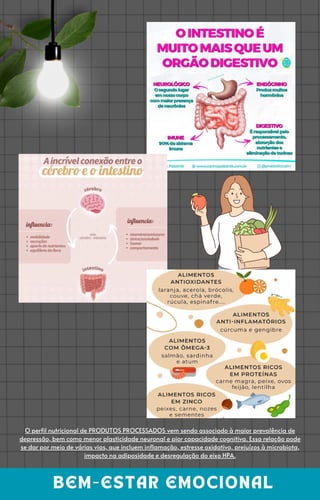 BEM-ESTAR EMOCIONAL
BEM-ESTAR EMOCIONAL
O perfil nutricional de PRODUTOS PROCESSADOS vem sendo associado à maior prevalência de
depressão, bem como menor plasticidade neuronal e pior capacidade cognitiva. Essa relação pode
se dar por meio de várias vias, que incluem inflamação, estresse oxidativo, prejuízos à microbiota,
impacto na adiposidade e desregulação do eixo HPA.
 