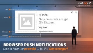 Shop on our site and get
25% Discount
BROWSER PUSH NOTIFICATIONS
Does it have the to be thepotential Gamechanger?
Image
Title
Message
Buy Now
Hi John,
Sender’s
url
 