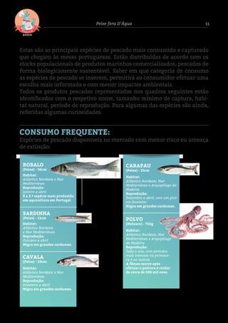 11Peixe fora D’Água
Estas são as principais espécies de pescado mais consumido e capturado
que chegam às mesas portuguesas. Estão distribuídas de acordo com os
stocks populacionais de produtos marinhos comercializados, pescados de
forma biologicamente sustentável. Saber em que categoria de consumo
as espécies de pescado se inserem, permitirá ao consumidor efetuar uma
escolha mais informada e com menor impactes ambientais.
Todos os produtos pescados representados nos quadros seguintes estão
identificados com o respetivo nome, tamanho mínimo de captura, habi-
tat natural, período de reprodução. Para algumas das espécies são ainda,
referidas algumas curiosidades.
CONSUMO FREQUENTE:
Espécies de pescado disponíveis no mercado com menor risco ou ameaça
de extinção.
ROBALO
(Peixe) - 36cm
Habitat:
Atlântico Nordeste e Mar
Mediterrâneo
Reprodução:
Janeiro a abril
É a 3.ª espécie mais produzida
em aquicultura em Portugal
SARDINHA
(Peixe) - 11cm
Habitat:
Atlântico Nordeste
e Mar Mediterrâneo
Reprodução:
Outubro a abril
Migra em grandes cardumes.
CAVALA
(Peixe) - 20cm
Habitat:
Atlântico Nordeste e Mar
Mediterrâneo
Reprodução:
Fevereiro a Abril
Migra em grandes cardumes.
CARAPAU
(Peixe) - 15cm
Habitat:
Atlântico Nordeste, Mar
Mediterrâneo e Arquipélago da
Madeira
Reprodução:
Dezembro a abril, com um pico
em fevereiro
Migra em grandes cardumes.
POLVO
(Molusco) - 750g
Habitat:
Atlântico Nordeste, Mar
Mediterrâneo e Arquipélago
da Madeira
Reprodução:
Todo o ano, com períodos
mais intensos na primave-
ra e no outono
A fêmea morre após
efetuar a postura e cuidar
de cerca de 500 mil ovos.
 