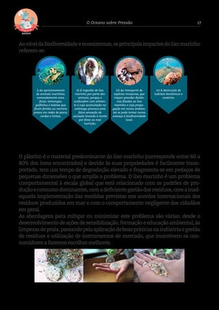 17O Oceano sobre Pressão
Aoníveldabiodiversidadeeecossistemas,osprincipaisimpactesdolixomarinho
referem-se:
	
O plástico é o material predominante do lixo marinho (corresponde entre 60 a
80% dos itens encontrados) e devido às suas propriedades é facilmente trans-
portado, tem um tempo de degradação elevado e fragmenta-se em pedaços de
pequenas dimensões o que amplia o problema. O lixo marinho é um problema
comportamental à escala global que está relacionado com os padrões de pro-
duçãoeconsumodominantes,comadeficientegestãodosresíduos,comainad-
equada implementação das medidas previstas nos acordos internacionais dos
resíduos produzidos em mar e com o comportamento negligente dos cidadãos
emgeral.
As abordagens para mitigar ou minimizar este problema são várias: desde o
desenvolvimentodeaçõesdesensibilização,formaçãoeeducaçãoambiental,às
limpezasdepraia,passandopelaaplicaçãodeboaspráticasnaindústriaegestão
de resíduos e utilização de instrumentos de mercado, que incentivem os con-
sumidores afazeremescolhasmelhores.
Fig. 9 - Exemplos de microplásticos provenientes de diferentes fontes: cosméticos, indústria,
fragmentação
i) Ao aprisionamento
de animais marinhos,
nomeadamente aves,
focas, tartarugas,
golﬁnhos e baleias que
ﬁcam feridos ou morrem
presos em redes de pesca,
cordas e linhas;
ii) À ingestão de lixo
marinho por parte dos
animais, porque o
confundem com alimen-
to e cuja acumulação no
estômago provoca uma
falsa sensação de
saciação levando à morte
por fome ou mal
nutrição;
iii) Ao transporte de
espécies invasoras, que
viajam grandes distân-
cias ﬁxadas ao lixo
marinho e cuja propa-
gação em novos ambien-
tes se pode tornar numa
ameaça à biodiversidade
local;
iv) À destruição de
habitats bentónicos e
costeiros.
Fig. 5 - Tartaruga
aprisionada
Fig. 6 - Albatroz com
detritos plásticos
ingeridos
Fig. 7 - Cirrípedes fixos
a lixo marinho
Fig. 8 - Rede de arrasto
em um coral couve-flor
 