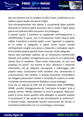 www.fym.it 800.14.87.37© FYM s.r.l.
Ma una mamma che ha studiato la CNV, invece, verificherà se sia
rabbia o paura quello che prova il figlio.
Una microespressione non mente, e sicuramente dopo qualche
domanda la mamma potrà accertarsi che in realtà il figlio prova
paura nei confronti della situazione col compagno.
A questo punto, il bambino va supportato nell’integrazione e
nell’affrontare la paura, che è un’emozione molto diversa dalla
rabbia. Il bambino si sentirà capito, e non “sgamato” o supporta-
to in modo in adeguato, e potrà anche essere aiutato
nell’esprimere meglio cosa prova e imparerà a sviluppare equili-
brio emotivo proprio perché l’aiuto ricevuto risulta adeguato.
Stessa cosa potrebbe capitare ad un funzionario commerciale
durante una vendita. Immaginiamo una scena in cui il potenziale
cliente dica al venditore “Sono molto interessato, mi invii una
proposta via email”, ma mentre lo dice, allontana il materiale
informativo che gli abbiamo consegnato e indietreggia sulla
propria sedia. Conosciamo molti venditori che, conoscendo la
comunicazione non verbale, in questa situazione inizierebbero
ad indagare pressando il cliente e cercando di scoprire la verità,
risultando comunicativamente fastidiosi e poco strategici.
Ecco che un esperto di CNV che ha l’obiettivo della COMPREN-
SIONE, anziché l’atteggiamento da “cacciatore di bugie”, dirà al
proprio cliente: “Molto volentieri le invio la proposta. Nella pro-
posta le serve anche qualche altro dettaglio su qualche aspetto
in particolare? E che tempi ha per formalizzarmi la conferma?”.
In questo modo, rispettando quanto comunicato dal cliente, ci
mostriamo interessati a lui e ai suoi bisogni, comunque.
11
 