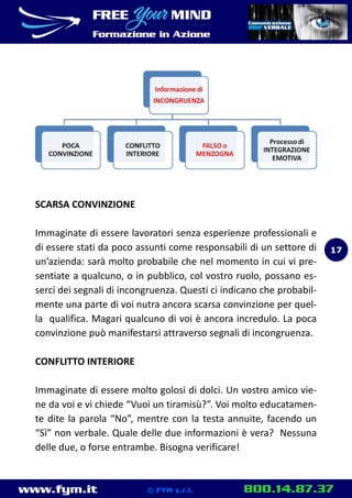 www.fym.it 800.14.87.37© FYM s.r.l.
SCARSA CONVINZIONE
Immaginate di essere lavoratori senza esperienze professionali e
di essere stati da poco assunti come responsabili di un settore di
un’azienda: sarà molto probabile che nel momento in cui vi pre-
sentiate a qualcuno, o in pubblico, col vostro ruolo, possano es-
serci dei segnali di incongruenza. Questi ci indicano che probabil-
mente una parte di voi nutra ancora scarsa convinzione per quel-
la qualifica. Magari qualcuno di voi è ancora incredulo. La poca
convinzione può manifestarsi attraverso segnali di incongruenza.
CONFLITTO INTERIORE
Immaginate di essere molto golosi di dolci. Un vostro amico vie-
ne da voi e vi chiede “Vuoi un tiramisù?”. Voi molto educatamen-
te dite la parola “No”, mentre con la testa annuite, facendo un
“Sì” non verbale. Quale delle due informazioni è vera? Nessuna
delle due, o forse entrambe. Bisogna verificare!
17
 