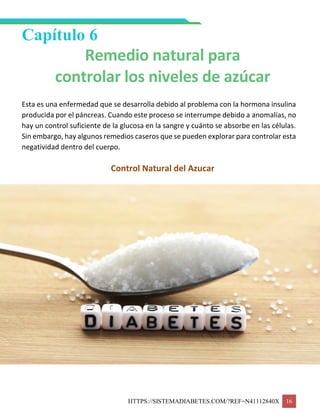HTTPS://SISTEMADIABETES.COM/?REF=N41112840X 16
Capítulo 6
Remedio natural para
controlar los niveles de azúcar
Esta es una enfermedad que se desarrolla debido al problema con la hormona insulina
producida por el páncreas. Cuando este proceso se interrumpe debido a anomalías, no
hay un control suficiente de la glucosa en la sangre y cuánto se absorbe en las células.
Sin embargo, hay algunos remedios caseros que se pueden explorar para controlar esta
negatividad dentro del cuerpo.
Control Natural del Azucar
 