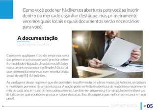 05EXPOISP BRASIL
Comovocêpodeverhádiversosaberturasparavocêseinserir
dentro do mercado e ganhar destaque, mas primeiramente
veremos quais locais e quais documentos serão necessários
para você.
Como em qualquer tipo de empresa, uma
das primeiras coisas que você precisa deﬁnir
éomodelodetributação.Umadasmodalidades
maiscomunsnessesetoréoSimples Nacional,
que contempla empresas com receita bruta
anual de até R$ 4,8 milhões.
As vantagens desse regime é que ele permite o recolhimento de vários impostos federais, estaduais
e municipais por meio de uma única guia. A opção pode ser feita na abertura do negócio ou no primeiro
mês de cada ano, em caso de novo adequamento. Lembre-se- se que essa é uma opção dentre diversas.
Enfatizamos que você deve procurar saber de todas. Escolha aquela que melhor se encaixa em seu
perﬁl.
A documentação
Qual regime escolher ?
 
