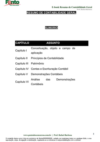 E-book Resumo de Contabilidade Geral
Prof. Rafael Barbosa
www.pontodosconcursos.com.br | Prof. Rafael Barbosa
2
RESUMO DE CONTABILIDADE GERAL
SUMÁRIO
CAPÍTULO ASSUNTO
Capítulo I
Conceituação, objeto e campo de
aplicação
Capítulo II Princípios de Contabilidade
Capítulo III Patrimônio
Capítulo IV Contas e Escrituração Contábil
Capítulo V Demonstrações Contábeis
Capítulo VI
Análise das Demonstrações
Contábeis
 