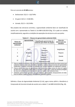 11
Copyright © 2018 GRUPO PROCAD - Todos os direitos reservados
Desenvolvido por Vinícius Cardoso Santos | Instagram: @viniciuscardoso.eng
www.viniciuscardosoeng.com.br | (31) 98782-8611
Para um concreto de 25 MPa temos:
• Desfavorável: 25/1.5 = 16,67 MPa
• Em geral: 25/1.4 = 17,86 MPa
• Usinado: 25/1.3 = 19,23 MPa
Nos projetos das estruturas correntes, a agressividade ambiental deve ser classificada de
acordo com o apresentado na Tabela 6.1 da NBR 6118:2014 (Pág. 17) e pode ser avaliada,
simplificadamente, segundo as condições de exposições da estrutura ou de suas partes.
Definida a Classe de Agressividade Ambiental (C.A.A), agora iremos definir a Resistência à
Compressão do Concreto Armado de acordo com a tabela 7.1 da NBR 6118:2014 (Pág. 18).
 