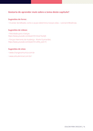 Gostaria de aprender mais sobre o tema deste capítulo?
Sugestões de livros:
• O andar do bêbado, como o acaso determina nossas vidas – Leonard Mlodinow.
Sugestões de vídeos:
• Felicidade para crianças.
https://www.youtube.com/watch?v=5nvZ-KuEefs
• Forças interiores da mudança - Anete Guimarães.
https://www.youtube.com/watch?v=z0Ns_ooO-Tc
Sugestões de sites:
• www.changecomunica.com.br
• www.atitudeinicial.com.br/
EDUCAR PARA CRESCER | 16
 