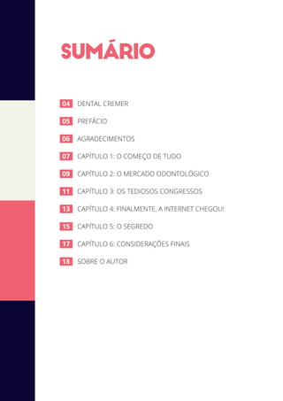DENTAL CREMER
PREFÁCIO
AGRADECIMENTOS
CAPÍTULO 1: O COMEÇO DE TUDO
CAPÍTULO 2: O MERCADO ODONTOLÓGICO
CAPÍTULO 3: OS TEDIOSOS CONGRESSOS
CAPÍTULO 4: FINALMENTE, A INTERNET CHEGOU!
CAPÍTULO 5: O SEGREDO
CAPÍTULO 6: CONSIDERAÇÕES FINAIS
SOBRE O AUTOR
SUMARIO
04
05
06
07
09
11
13
15
17
18
 