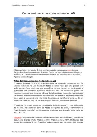 E-book Efeitos e ajustes no Photoshop 1                                                 53




                  Como enriquecer as cores no modo LAB




   Olá amigo leitor. No tutorial de hoje você aprenderá a enriquecer as cores de uma
   fotografia utilizando uma camada de ajustes Curves em uma imagem convertida para o
   Modo LAB. O procedimento é extremamente simples, e o resultado final é excelente.
   Aprecie sem moderação.

   Antes de iniciar, entenda o Modo de Cores Lab
   O modelo de cores CIE L*a*b* (Lab) tem base na percepção humana da cor. Os
   valores numéricos no Lab descrevem todas as cores vistas por uma pessoa com
   visão normal. Como o Lab descreve a aparência de uma cor, em vez de descrever a
   quantidade um colorante específico necessária para um dispositivo (como um
   monitor, impressora de mesa ou câmera digital) produzir cores, ele é considerado
   um modelo de cores independente do dispositivo. Os sistemas de gerenciamento de
   cores usam o Lab como uma referência de cores para transformar uma cor de um
   espaço de cores em uma cor de outro espaço de cores, de maneira previsível.

   O modo de Cores Lab possui um componente de luminosidade (L) que pode variar
   de 0 a 100. No Seletor de cores da Adobe e na paleta de cores, o componente a
   (eixo de verde-vermelho) e o componente b (eixo de azul-amarelo) pode variar de
   +127 a –128.

   Imagens Lab podem ser salvas no formato Photoshop, Photoshop EPS, Formato de
   Documento Grande (PSB), Photoshop PDF, Photoshop Raw, TIFF, Photoshop DCS
   1.0 ou Photoshop DCS 2.0. É possível salvar imagens Lab de 48 bits (16 bits por




Blog: http://canalphotoshop.info/         Twitter: @dicasphotoshop
 