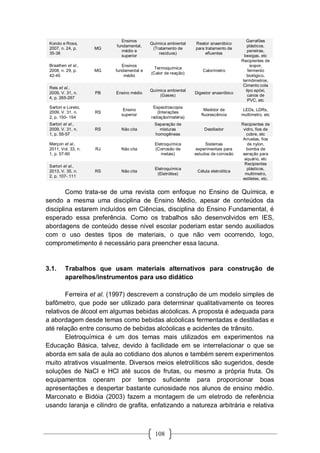 108
Kondo e Rosa,
2007, n. 24, p.
35-38
MG
Ensinos
fundamental,
médio e
superior
Química ambiental
(Tratamento de
resíduos)
Reator anaeróbico
para tratamento de
efluentes
Garrafões
plásticos,
peneiras,
bexigas, etc
Braathen et al.,
2008, n. 29, p.
42-45
MG
Ensinos
fundamental e
médio
Termoquímica
(Calor de reação)
Calorímetro
Recipientes de
isopor,
fermento
biológico,
termômetros,
Reis et al.,
2009, V. 31, n.
4, p. 265-267
PB Ensino médio
Química ambiental
(Gases)
Digestor anaeróbico
Cimento cola
tipo epóxi,
canos de
PVC, etc
Sartori e Loreto,
2009, V. 31, n.
2, p. 150- 154
RS
Ensino
superior
Espectroscopia
(Interações
radiação/matéria)
Medidor de
fluorescência
LEDs, LDRs,
multímetro, etc
Sartori et al.,
2009, V. 31, n.
1, p. 55-57
RS Não cita
Separação de
misturas
homogêneas
Destilador
Recipientes de
vidro, fios de
cobre, etc
Merçon et al.,
2011, Vol. 33, n.
1, p. 57-60
RJ Não cita
Eletroquímica
(Corrosão de
metais)
Sistemas
experimentais para
estudos de corrosão
Arruelas, fios
de nylon,
bomba de
aeração para
aquário, etc
Sartori et al.,
2013, V. 35, n.
2, p. 107- 111
RS Não cita
Eletroquímica
(Eletrólise)
Célula eletrolítica
Recipientes
plásticos,
multímetro,
estiletes, etc.
Como trata-se de uma revista com enfoque no Ensino de Química, e
sendo a mesma uma disciplina de Ensino Médio, apesar de conteúdos da
disciplina estarem incluídos em Ciências, disciplina do Ensino Fundamental, é
esperado essa preferência. Como os trabalhos são desenvolvidos em IES,
abordagens de conteúdo desse nível escolar poderiam estar sendo auxiliados
com o uso destes tipos de materiais, o que não vem ocorrendo, logo,
comprometimento é necessário para preencher essa lacuna.
3.1. Trabalhos que usam materiais alternativos para construção de
aparelhos/instrumentos para uso didático
Ferreira et al. (1997) descrevem a construção de um modelo simples de
bafômetro, que pode ser utilizado para determinar qualitativamente os teores
relativos de álcool em algumas bebidas alcóolicas. A proposta é adequada para
a abordagem desde temas como bebidas alcóolicas fermentadas e destiladas e
até relação entre consumo de bebidas alcóolicas e acidentes de trânsito.
Eletroquímica é um dos temas mais utilizados em experimentos na
Educação Básica, talvez, devido à facilidade em se interrelacionar o que se
aborda em sala de aula ao cotidiano dos alunos e também serem experimentos
muito atrativos visualmente. Diversos meios eletrolíticos são sugeridos, desde
soluções de NaCl e HCl até sucos de frutas, ou mesmo a própria fruta. Os
equipamentos operam por tempo suficiente para proporcionar boas
apresentações e despertar bastante curiosidade nos alunos de ensino médio.
Marconato e Bidóia (2003) fazem a montagem de um eletrodo de referência
usando laranja e cilindro de grafita, enfatizando a natureza arbitrária e relativa
 
