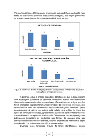 65
4% são relacionados à formação de professores que não tinham graduação, mas
estão no exercício da docência. Nesta última categoria, nos artigos publicados
os autores denominaram de formação acadêmica em serviço.
Figura 3: Distribuição do total de artigos publicados por: A) Área de conhecimento. B) Local de
realização da formação continuada.
A partir da leitura e análise dos artigos constatou-se que todos adotaram
uma abordagem qualitativa de pesquisa, entretanto, apenas oito mencionam
claramente essa característica em seu texto. Os objetivos dos artigos também
foram analisados e apresentaram uma diversidade de enfoques e propostas, que
relacionam-se com os referenciais teórico-metodológicos adotados pelos
pesquisadores. A maioria dos artigos está voltada para análise de diferentes
ações de formação continuada, apresentando o potencial para outras formações
continuadas e/ou para práticas profissionais. Observou-se também que algumas
publicações investigam as mudanças nas formas de atuação e/ou nas
concepções relacionados aos saberes, valores, expectativas e também o papel
multiplicador dos professores envolvidos nessas ações.
Diversos focos temáticos (Figura 4) foram identificados, alguns
 