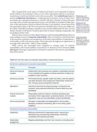 93
CONTRASTS IN BUSINESS PRACTICE
Table 5.2 Common topics of corporate responsibility: content and process
Content (or substance) of corporate responsibility
Topics Examples
Inputs and resource
supplies
Dealing fairly with producers and suppliers, sustainable sourcing
of raw materials and supplies, avoiding exploitation of labour by
suppliers in poor countries
Workforce activities Promoting diversity, equality, health and safety, work-life balance,
and other elements of the employment relationship; reward and
risk – fair pay, bonus and pension schemes
Operations Help the environment by reducing energy in production and
transport, using resources efficiently to reduce waste (e.g. less
packaging)
Product and service
impacts
Responsible customer relations, including advertising and
promotion (‘Drink responsibly’), protecting children, limit harmful
ingredients, clear and accurate labels, product accessibility
Community activities Education, employability and regeneration in communities –
donations, employee volunteering, gifts in kind, being a good
neighbour
Processes of corporate responsibility
Leadership Defining commitment to responsible action, resourcing it,
identifying roles and reporting relationships, monitoring
compliance with policies and codes
Stakeholder
engagement
Mapping stakeholders and their main concerns, consulting them
Philanthropy is the
practice of contributing
personal wealth to chari-
table or similar causes.
Enlightened self-
interest is the practice
of acting in a way that is
costly or inconvenient at
present, but which is be-
lieved to be in one’s best
interest in the long-term.
Corporate respon-
sibility refers to the
awareness, acceptance
and management of the
wider implications of
corporate decisions.
They recognised the social impact of industry and tried to use its potential to improve
social conditions. By fostering an ethos of care, these industrialists offered an unconven-
tional business model and showed society what was possible. Their philanthropy helped to
position enlightened self-interest as a viable approach to business. Some of today’s busi-
ness leaders give substantial donations to charities. Bill Gates (founder of Microsoft) gives
very large sums to health and educational causes, and Jeff Skoll (ex-president of eBay) gave
£5m to the Said Business School at Oxford University. Lord Sainsbury, former head of the
UK supermarket chain, is the UK’s most generous charitable donor: he has put £400m into
his Gatsby Charitable Foundation and plans to give another £600m before he dies. Sir Tom
Hunter (founder of JJB Sports) has given generously to projects helping young people, and
has pledged a further £1bn.
Between these extremes of (often illegal) behaviour and unstinting philanthropy there are
many ambiguous issues of corporate responsibility. This is a broad term, which refers here
to the awareness, acceptance and management of the wider responsibilities of organisations –
in the public as well as the private sectors. These topics arise throughout an organisation, at
any stage of the value chain – Table 5.2 lists examples.
Public interest has encouraged more companies to manage issues of corporate
responsibility, and to report publicly on how they do so. Business in the Community (www.
bitc.org.uk) encourages organisations of all kinds to respond to this interest, and publicises
their achievements.
 
