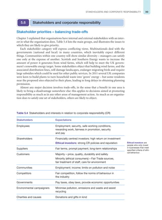 99
STAKEHOLDERS AND CORPORATE RESPONSIBILITY
Stakeholder priorities – balancing trade-offs
Chapter 3 explained that organisations have internal and external stakeholders with an inter-
est in what the organisation does. Table 5.4 lists the main groups, and illustrates the issues to
which they are likely to give priority.
Each stakeholder category will express conflicting views. Multinationals deal with the
governments (national and local) in many countries, which inevitably expect different
things. Communities within one country will show similar diversity – managers can satisfy
one only at the expense of another. Scottish and Southern Energy wants to increase the
amount of power it generates from wind farms, which will help to meet the UK govern-
ment’s renewable energy target. Some stakeholders object that building wind farms, and the
associated distribution lines, will damage landscapes, endanger migrating birds and require
large subsidies which could be used for other public services. In 2011 several UK companies
were keen to build plants to turn household waste into ‘green’ energy – but some residents
near the proposed sites objected to their plans, leading to long delays in obtaining planning
permission.
Almost any major decision involves trade-offs, in the sense that a benefit in one area is
likely to bring a disadvantage somewhere else: this applies to decisions aimed at promoting
responsibility as much as in any other areas of management action. As much as an organisa-
tion does to satisfy one set of stakeholders, others are likely to object.
Stakeholders and corporate responsibility
5.6
Table 5.4 Stakeholders and interests in relation to corporate responsibility (CR)
Stakeholders Expectations
Employees Employment, security, safe working conditions,
rewarding work, fairness in promotion, security
and pay
Shareholders Financially centred investors: high return on investment
Ethical investors: strong CR policies and reputation
Suppliers Fair terms, prompt payment, long-term relationships
Customers Majority – price, quality, durability and safety
Minority (ethical consumers) – Fair Trade sources,
fair treatment of staff, care for environment
Communities Employment; income; limits on pollution and noise
Competitors Fair competition, follow the norms of behaviour in
the industry
Governments Pay taxes, obey laws, provide economic opportunities
Environmental campaigners Minimise pollution, emissions and waste and assist
recycling
Charities and causes Donations and gifts in kind
Ethical investors are
people who only invest
in businesses that meet
specified criteria of ethi-
cal behaviour.
 