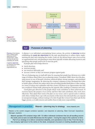 112 CHAPTER 6 PLANNING
Seven iterative
tasks in planning
Content of
plans
Process of
planning
Outcomes
of planning
Purposes of
planning
Figure 6.1
An overview
of the chapter
Maersk is the world’s largest container operator, and depends on planning. Mark Cornwall, Operations
Manager, explains:
Maersk operates 470 container ships with 1.9 million individual containers that are all travelling around
the world, and our job is to build efficiencies into the system – moving the cargo to the customer on time.
Part of our strategy is to deliver unmatched reliability, and operations is key to that. From the top of
the company right down to the clerks on the desk, everybody’s focused on meeting deadlines and the
Management in practice Maersk – planning key to strategy www.maersk.com
A planner is an individual contemplating future actions: the activity of planning involves
establishing the goals (or objectives) for the task, specifying how to achieve them, imple-
menting the plan and evaluating the results. Goals are the desired future state of an activity
or organisational unit, and planning to meet them typically includes allocating resources and
specifying what people need to do to meet the goals.
If people plan well it helps them to:
z clarify direction;
z motivate people;
z use resources efficiently; and
z increase control, as they can measure progress against goals.
The act of planning may in itself add value, by ensuring that people base decisions on a wider
range of evidence than if there was no planning system. Giraudeau (2008) shows how the plan-
ning process in one of Renault’s divisions enhanced debate among managers, and stimulated
their strategic imagination. By observing the company’s planners as they developed their plan
to build a plant in Brazil, the author shows how providing detailed draft plans to other manag-
ers (many of whom were unfamiliar with that country) led them to see opportunities they had
not considered. If done badly, planning has the opposite effect, leading to confusion and waste.
Good plans give direction to the people whose work contributes to their achievement. If
everyone knows the purpose of an activity and how their task contributes, they work more
effectively. They adjust their work to the plan (or vice versa), and co-operate and co-ordinate
with others. It helps them cope with uncertainty: if they know the end result they can respond
to unexpected changes, without waiting to be told. People like to know how their task fits the
bigger picture, as it adds interest and enables them to take more responsibility.
Purposes of planning
6.2
Planning is the iterative
task of setting goals,
specifying how to
achieve them, imple-
menting the plan and
evaluating the results.
A goal (or objective)
is a desired future state
for an activity or
organisational unit.
 