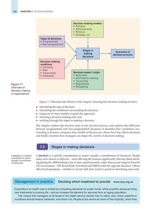 128 CHAPTER 7 DECISION-MAKING
Figure 7.1 illustrates the themes of the chapter, showing that decision-making involves:
z identifying the type of decision;
z identifying the conditions surrounding the decision;
z using one or more models to guide the approach;
z selecting a decision-making style; and
z working through the stages in making a decision.
The chapter outlines the iterative steps in any decision process, and explains the difference
between ‘programmed’ and ‘non-programmed’ decisions. It identifies four ‘conditions’ sur-
rounding a decision, compares four models of the process, shows how bias affects decisions
and finally examines how managers can shape the context of decision-making.
A decision is a specific commitment to action (usually a commitment of resources). People
make such choices at all levels – some affecting the business significantly (Barclays Bank decid-
ing during the 2008 banking crisis to raise capital privately, rather than accept support from the
UK Government – The Royal Bank of Scotland and HBOS made the opposite decision). Others
affect local operations – whether to recruit staff, how much to spend on advertising next week.
Stages in making decisions
7.2
Figure 7.1
Overview of
decision-making
in organisations
Decision-making models
• Rational
• Administrative
• Political
• Garbage can
Stages in
making
decisions
Types of decisions
• Programmed
• Non-programmed
Decision-making
conditions
• Certainty
• Risk
• Uncertainty
• Ambiguity
Decision-maker’s style
• Autocratic
• Information seeking
• Consulting
• Negotiating
• Delegating
Outcomes of
decision process
A decision is a specific
commitment to action
(usually a commitment
of resources).
Expenditure on health care is limited by competing demands for public funds, while scientific advances bring
new treatments to prolong life – and so increase the demand for services from an aging population.
This means that managers at all levels in the health service decide how to ration care; which patients or
conditions should receive treatment, and which not. People at the centre do most of this implicitly, when they
Management in practice Deciding which treatment to provide www.nice.org.uk
 