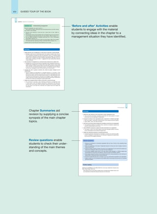xiv GUIDED TOUR OF THE BOOK
‘Before and after’ Activities enable
students to engage with the material
by connecting ideas in the chapter to a
management situation they have identified.
Review questions enable
students to check their under-
standing of the main themes
and concepts.
Chapter Summaries aid
revision by supplying a concise
synopsis of the main chapter
topics.
20 CHAPTER 1 MANAGING IN ORGANISATIONS
Recall the organisation you used in Activity 1.1.
Having read the chapter, make brief notes summarising what you now think ‘manag-
ing’ involves in this company:
zDescribe what resources it uses and how it adds value to them. (Refer to
Section 1.2.)
zList examples of some of the specialist roles of management (such as a functional or
a line manager) and describe what they do in this company. (Refer to Section 1.4.)
zCan you identify examples of managers performing one or more of Mintzberg’s
roles? (Refer to Section 1.5.)
zWhat have you been able to find out about how they perform ONE of the manage-
ment tasks (planning, organising, leading, controlling)? (Refer to Section 1.6.)
Compare what you have found with other students on your course.
Activity 1.2 Understanding management
Summary
1 Explain that the role of management is to add value to resources in diverse settings
zManagers create value by transforming inputs into outputs of greater value: they do
this by developing competences within the organisation which, by constantly adding
value (however measured) to resources is able to survive and prosper. The concept of
creating value is subjective and open to different interpretations. Managers work in an
infinite variety of settings, and Table 1.1 suggested how each setting raises relatively
unique challenges.
2 Give examples of management as a universal human activity and as a distinct role
zManagement is an activity that everyone undertakes as they manage their daily lives. In
another sense management is an activity which many people conduct, not just those
called ‘managers’. People create the distinct role when they separate the management
of work from the work itself and allocate the tasks. The distinction between manage-
ment and non-management work is fluid and the result of human action.
3 Compare the roles of general, functional, line, staff and project managers and of
entrepreneurs
zGeneral managers are responsible for a complete business or a unit within it. They
depend on functional managers who can be either in charge of line departments meet-
ing customer needs, such as manufacturing and sales, or in staff departments such
as finance which provide advice or services to line managers. Project managers are in
charge of temporary activities usually directed at implementing change. Entrepreneurs
are those who create new businesses to exploit opportunities.
4 Explain how managers influence others to add value to resources through
zThe processes of managing. Henry Mintzberg identified ten management roles
in three groups which he labelled informational, interpersonal and decisional.
Luthans and, more recently, Wolff and Moser observed that successful manag-
ers were likely to be those who networked with people inside and outside the
organisation.
65
FURTHER READING
Summary
1 Identify the main elements of the environments in which organisations work
zThey include the immediate competitive environment, the wider general (or macro)
environment and the organisation’s stakeholders.
2 Compare the cultures of two organisational units, using Quinn’s or Handy’s typologies
zQuinn et al. (2003) – rational goal, internal process, human relations and open systems.
zHandy (1993) – power, role, task and person.
3 Use Porter’s five forces model to analyse the competitive environment of an organisation
zThis identifies the degree of competitive rivalry, customers, competitors, suppliers and
potential substitute goods and services.
4 Use the PESTEL framework to analyse the wider environment of an organisation
zThe PESTEL model of the wider external environment identifies political, economic,
social, technological, environmental and legal forces.
5 Explain the meaning and purpose of corporate governance
zCorporate governance frameworks are intended to monitor and control the perfor-
mance of managers to ensure they act in the interests of organisational stakeholders,
and not just of the managers themselves.
1 Describe an educational or commercial organisation that you know in terms of the competing values
model of cultures.
2 What is the significance of the idea of ‘fragmented cultures’ for those who wish to change a culture to
support performance?
3 Identify the relative influence of Porter’s five forces on an organisation of your choice and compare your
results with a colleague’s. What can you learn from that comparison?
4 How should managers decide which of the many factors easily identified in a PESTEL analysis they
should attend to? If they have to be selective, what is the value of the PESTEL method?
5 Since people interpret the nature of environmental forces from unique perspectives, what meaning can
people attach to statements about external pressures?
6 Illustrate the stakeholder idea with an example of your own, showing their expectations of an organisation.
7 Explain at least two of the mechanisms which Mallin (2007) recommends should be part of a corporate
governance system.
Review questions
Further reading
Tapscott, E. and Williams, A. D. (2006), Wikinomics: How mass collaboration changes every-
thing, Viking Penguin, New York.
Best-selling account of the radical changes which convergent technologies bring to soci-
ety, especially the relationship between producers and consumers.
 