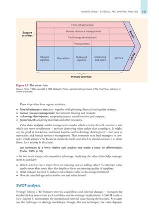 157
MAKING SENSE – EXTERNAL AND INTERNAL ANALYSIS
These depend on four support activities:
z firm infrastructure: structure, together with planning, financial and quality systems;
z human resource management: recruitment, training and rewards;
z technology development: supporting inputs, transformation and outputs;
z procurement: acquiring materials and other resources.
Value chain analysis enables managers to consider which activities benefit customers, and
which are more troublesome – perhaps destroying value rather than creating it. It might,
say, be good at marketing, outbound logistics and technology development – but poor at
operations and human resource management. That awareness may lead managers to con-
sider which activities the business should do itself, and which it should outsource to other
firms. Each activity in the chain
can contribute to a firm’s relative cost position and create a basis for differentiation.
(Porter, 1985, p. 33)
– the two main sources of competitive advantage. Analysing the value chain helps manage-
ment to consider:
z Which activities have most effect on reducing cost or adding value? If customers value
quality more than costs, then that implies a focus on ensuring quality of suppliers.
z What linkages do most to reduce cost, enhance value or discourage imitation?
z How do these linkages relate to the cost and value drivers?
SWOT analysis
Strategy follows a ‘fit’ between internal capabilities and external changes – managers try
to identify key issues from each and draw out the strategic implications. A SWOT analysis
(see Chapter 6) summarises the internal and external issues facing the business. Managers
use the technique in strategy workshops, though, like any technique, the value depends
Figure 8.2 The value chain
Source: Porter (1985), copyright © 1985 Michael E. Porter, reprinted with permission of The Free Press, a division of
Simon  Schuster.
Support
activities
Primary activities
Service
Marketing
and sales
Outbound
logistics
Operations
Inbound
logistics
Procurement
Human resource management
Technology development
Firm infrastructure
M
a
r
g
i
n
M
a
r
g
i
n
 