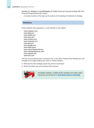 166 CHAPTER 8 MANAGING STRATEGY
Weblinks
These websites have appeared in, or are relevant to, the chapter:
www.myspace.com
www.pg.com
www.nestle.com
www.ikea.com
www.unilever.com
www.motorola.com
www.gsk.com
www.google.com
www.rspb.org.uk
www.cancerresearchuk.org
www.marksandspencer.com
www.maersk.com
www.hmv.com
Visit two of the business sites in the above list, or any other company that interests you, and
navigate to the pages dealing with news or investor relations.
z What are the main strategic issues they seem to be facing?
z What information can you find about their policies?
Annotated weblinks, multiple choice questions and other useful
resources can be found on www.pearsoned.co.uk/boddy
Johnson, G., Scholes, K. and Whittington, R. (2008), Exploring Corporate Strategy (8th edn),
Financial Times/Prentice Hall, Harlow.
A concise overview of the topic by the authors of the leading UK textbook on strategy.
 