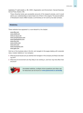 191
WEBLINKS
Lawrence, P. and Lorsch, J. W. (1967), Organization and Environment, Harvard Business
School Press, Boston, MA.
These influential books give accessible accounts of the research process, and it would
add to your understanding to read at least one of them in the original. The second edition
of Woodward’s book (1980) includes a commentary on her work by two later scholars.
Weblinks
These websites have appeared in, or are relevant to, the chapter:
www.lilly.com
www.shell.com
www.co-op.co.uk
www.sonyericsson.com
www.baesystems.com
www.rbs.com
www.roche.com
www.emi.com
www.monsanto.com
www.gsk.com
Visit two of the business sites in the list, and navigate to the pages dealing with corporate
news, investor relations or ‘our company’.
z What structural issues can you identify that managers in the company are likely to be deal-
ing with?
z What kind of environment are they likely to be working in, and how may that affect their
structure?
Annotated weblinks, multiple choice questions and other use-
ful resources can be found on www.pearsoned.co.uk/boddy
 