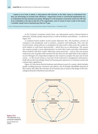 200 CHAPTER 10 INFORMATION SYSTEMS AND E-BUSINESS
As M. Corniou’s comments clearly show, any information system (internet-based or
otherwise) includes people and processes as well as hardware and software – as shown in
Figure 10.3.
A computer-based student record system illustrates this. The hardware consists of
computers and peripherals such as printers, monitors and keyboards. This runs the
record system, using software to manipulate the data and to either print the results for
each student or send them electronically – which they see as information. The system
also requires people (course administrators) to enter data (name and other information
about students and their results) following certain processes – such as that one person
reads from a list of grades while another keys the data into the right field on the student’s
record. Managers of a department might use the output to compare the pass rate of each
course – so the record system is now part of the university’s management information.
Staff will use their knowledge (based on learning and experience) to interpret trends and
evaluate their significance.
Figure 10.3 also shows that the hardware and software is part of a context, which includes
people, working processes, structures and cultures. Any IS includes identifiable elements of
this context: they affect the outcomes of an IS project just as much as the design of the tech-
nological elements of hardware and software.
Figure 10.3
The elements of a
computer-based IS
Source: Boddy et al.
(2009a).
Data
transformation
processes
External environment
Feedback
Input
data
Output
information
Organisation
People
Processes
Hardware
Software
I spend a lot of time in plants, in discussions with foremen in the field, trying to understand how
they use technology to increase their efficiency. I spend lots of time in commercial departments too,
to understand the key business processes. Bringing IT to the business community means the CIO has
to be embedded in the day-to-day life of the organization, and of course to have a seat on the board.
I consider myself more a business guy than an IT guy.
Source: Bringing business technology out into the open (Fiona Harvey), Financial Times, 17 September 2003.
 