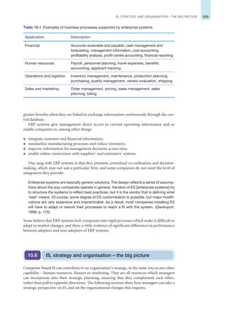 205
IS, STRATEGY AND ORGANISATION – THE BIG PICTURE
greater benefits when they are linked to exchange information continuously through the cen-
tral database.
ERP systems give management direct access to current operating information and so
enable companies to, among other things:
z integrate customer and financial information;
z standardise manufacturing processes and reduce inventory;
z improve information for management decisions across sites;
z enable online connections with suppliers’ and customers’ systems.
One snag with ERP systems is that they promote centralised co-ordination and decision-
making, which may not suit a particular firm, and some companies do not need the level of
integration they provide:
Enterprise systems are basically generic solutions. The design reflects a series of assump-
tions about the way companies operate in general. Vendors of ES [enterprise systems] try
to structure the systems to reflect best practices, but it is the vendor that is defining what
‘best’ means. Of course, some degree of ES customisation is possible, but major modifi-
cations are very expensive and impracticable. As a result, most companies installing ES
will have to adapt or rework their processes to reach a fit with the system. (Davenport,
1998, p. 125)
Some believe that ERP systems lock companies into rigid processes which make it difficult to
adapt to market changes, and there is little evidence of significant differences in performance
between adopters and non-adopters of ERP systems.
Table 10.1 Examples of business processes supported by enterprise systems
Application Description
Financial Accounts receivable and payable, cash management and
forecasting, management information, cost accounting,
profitability analysis, profit-centre accounting, financial reporting
Human resources Payroll, personnel planning, travel expenses, benefits
accounting, applicant tracking
Operations and logistics Inventory management, maintenance, production planning,
purchasing, quality management, vendor evaluation, shipping
Sales and marketing Order management, pricing, sales management, sales
planning, billing
Computer-based IS can contribute to an organisation’s strategy, in the same way as any other
capability – human resources, finance or marketing. They are all resources which managers
can incorporate into their strategic planning, ensuring that they complement each other,
rather than pull in opposite directions. The following sections show how managers can take a
strategic perspective on IS, and on the organisational changes this requires.
IS, strategy and organisation – the big picture
10.6
 