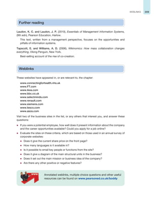 209
WEBLINKS
Further reading
Laudon, K. C. and Laudon, J. P. (2010), Essentials of Management Information Systems,
(9th edn), Pearson Education, Harlow.
This text, written from a management perspective, focuses on the opportunities and
pitfalls of information systems.
Tapscott, E. and Williams, A. D. (2006), Wikinomics: How mass collaboration changes
everything, Viking Penguin, New York.
Best-selling account of the rise of co-creation.
Weblinks
These websites have appeared in, or are relevant to, the chapter:
www.connectingforhealth.nhs.uk
www.FT.com
www.ikea.com
www.bbc.co.uk
www.selectminds.com
www.renault.com
www.siemens.com
www.tesco.com
www.asos.com
Visit two of the business sites in the list, or any others that interest you, and answer these
questions:
z If you were a potential employee, how well does it present information about the company
and the career opportunities available? Could you apply for a job online?
z Evaluate the sites on these criteria, which are based on those used in an annual survey of
corporate websites:
z Does it give the current share price on the front page?
z How many languages is it available in?
z Is it possible to email key people or functions from the site?
z Does it give a diagram of the main structural units in the business?
z Does it set out the main mission or business idea of the company?
z Are there any other positive or negative features?
Annotated weblinks, multiple choice questions and other useful
resources can be found on www.pearsoned.co.uk/boddy
 