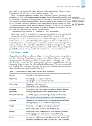 215
INITIATING INNOVATION AND CHANGE
gaps – such as revenue from sales being below the level needed to secure further resources.
If uncorrected, this will, sooner or later, cause the business to fail.
In the current business climate, two aspects of performance dominate discussion – what
Prastacos et al. (2002) call ‘performance imperatives’: the need for flexibility and the need
for innovation. In a very uncertain business world, the scope for long-term planning is lim-
ited. Successful businesses are those which are both flexible and efficient. This paradox reflects
the fact that while companies need to respond rapidly they also need to respond efficiently.
This usually depends on having developed a degree of stability in the way they transform
resources into outputs. Apple is very flexible in the way it brings out new products, but has
very stable and robust systems to produce and deliver them.
The other imperative identified by Prastacos et al. (2002) is innovation:
to generate a variety of successful new products or services (embedding technological
innovation), and to continuously innovate in all aspects of the business. (p. 58)
In many areas of business, customers expect a constant flow of new products, embodying the
latest scientific and technological developments: companies that fail to meet these expecta-
tions will experience a performance gap. Nokia selling an advanced mobile phone profitably
depends not only on the quality of the applied research which goes into producing a better
screen display, but also on turning that research into a desirable product and delivering it at a
price which customers will pay. This depends on organisation – the internal context.
The internal context
Chapter 1 introduced the internal context (Figure 1.3) as the elements within an organisation
that shape behaviour. Change begins to happen when sufficient influential people believe,
say, that outdated technology or a confusing structure is causing a performance gap, by inhib-
iting flexibility or innovation. They notice external or internal events and interpret them as
threatening the performance that influential stakeholders expect. This interpretation, and
their (implicit) theory of change, encourages them to propose changing one or more aspects
of the internal context organisation (see Table 11.1).
Performance
imperatives are aspects
of performance that are
especially important for
an organisation to do
well, such as flexibility
and innovation.
Table 11.1 Examples of change in each element of the organisation
Element Example of change to this element
Objectives Developing a new product or service
Changing the overall mission or direction
Technology Creating an online community
Building Terminal 5 at Heathrow
Business
processes
Improving the way maintenance and repair services are delivered
Redesigning systems to handle the flow of cash and funds
Financial resources A set of changes, such as closing a facility, to reduce costs
New financial reporting requirements to ensure consistency
Structure Reallocating functions and responsibilities between departments
Redesigning work to give staff more responsibility
People Designing a training programme to enhance skills
Changing the tasks of staff to offer a new service
Culture Unifying the culture between two or more merged businesses
Encouraging greater emphasis on quality and reliability
Power An empowerment programme giving greater authority to junior staff
Centralising decisions to increase the control of HQ over subsidiaries
 