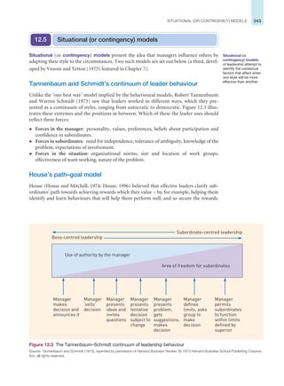 243
SITUATIONAL (OR CONTINGENCY) MODELS
Situational (or contingency) models present the idea that managers influence others by
adapting their style to the circumstances. Two such models are set out below (a third, devel-
oped by Vroom and Yetton (1973) featured in Chapter 7).
Tannenbaum and Schmidt’s continuum of leader behaviour
Unlike the ‘one best way’ model implied by the behavioural models, Robert Tannenbaum
and Warren Schmidt (1973) saw that leaders worked in different ways, which they pre-
sented as a continuum of styles, ranging from autocratic to democratic. Figure 12.3 illus-
trates these extremes and the positions in between. Which of these the leader uses should
reflect three forces:
z Forces in the manager: personality, values, preferences, beliefs about participation and
confidence in subordinates.
z Forces in subordinates: need for independence, tolerance of ambiguity, knowledge of the
problem, expectations of involvement.
z Forces in the situation: organisational norms, size and location of work groups,
effectiveness of team working, nature of the problem.
House’s path–goal model
House (House and Mitchell, 1974; House, 1996) believed that effective leaders clarify sub-
ordinates’ path towards achieving rewards which they value – by, for example, helping them
identify and learn behaviours that will help them perform well, and so secure the rewards.
Situational (or contingency) models
12.5
Situational (or
contingency) models
of leadership attempt to
identify the contextual
factors that affect when
one style will be more
effective than another.
Figure 12.3 The Tannenbaum–Schmidt continuum of leadership behaviour
Source: Tannenbaum and Schmidt (1973), reprinted by permission of Harvard Business Review, © 1973 Harvard Business School Publishing Corpora-
tion; all rights reserved.
Manager
makes
decision and
announces it
Manager
‘sells’
decision
Manager
presents
ideas and
invites
questions
Manager
presents
tentative
decision
subject to
change
Manager
presents
problem,
gets
suggestions,
makes
decision
Manager
defines
limits, asks
group to
make
decision
Manager
permits
subordinates
to function
within limits
defined by
superior
Use of authority by the manager
Area of freedom for subordinates
Boss-centred leadership
Subordinate-centred leadership
 
