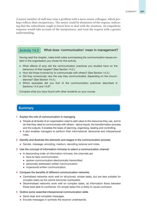 291
SUMMARY
A junior member of staff may raise a problem with a more senior colleague, which per-
haps reflects their inexperience. The senior could be dismissive of the request, indicat-
ing that the subordinate ought to know how to deal with the situation. An empathetic
response would take account of the inexperience, and treat the request with a greater
understanding.
Summary
1 Explain the role of communication in managing
z People at all levels of an organisation need to add value to the resources they use, and to
do that they need to communicate with others – about inputs, the transformation process
and the outputs. It enables the tasks of planning, organising, leading and controlling.
z It also enables managers to perform their informational, decisional and interpersonal
roles.
2 Identify and illustrate the elements and stages in the communication process
z Sender, message, encoding, medium, decoding receiver and noise.
3 Use the concept of information richness to select a communication channel
z In descending order of information richness, the channels are
z face-to-face communication
z spoken communication electronically transmitted
z personally addressed written communication
z impersonal written communication.
4 Compare the benefits of different communication networks
z Centralised networks work well on structured, simple tasks, but are less suitable for
complex tasks as the centre becomes overloaded.
z Decentralised networks work well on complex tasks, as information flows between
those best able to contribute. On simple tasks this is likely to cause confusion.
5 Outline some essential interpersonal communication skills
z Send clear and complete messages.
z Encode messages in symbols the receiver understands.
Having read the chapter, make brief notes summarising the communication issues evi-
dent in the organisation you chose for this activity.
z What effects (if any) did the communication practices you studied have on the
behaviour of their targets? (See Section 14.2.)
z How did those involved try to communicate with others? (See Section 14.3.)
z Did they consciously vary the way they communicated, depending on the circum-
stances? (See Section 14.4.)
z Which examples did you find of the communication practices described in
Sections 14.5 and 14.6?
Compare what you have found with other students on your course.
What does ‘communication’ mean in management?
Activity 14.2
 