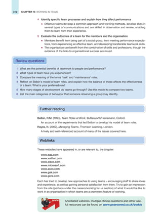 312 CHAPTER 15 WORKING IN TEAMS
4 Identify specific team processes and explain how they affect performance
z Effective teams develop a common approach and working methods, develop skills in
several types of communications and are skilled in observation and review, enabling
them to learn from their experience.
5 Evaluate the outcomes of a team for the members and the organisation
z Members benefit from being part of a social group, from meeting performance expecta-
tions, from experiencing an effective team, and developing transferable teamwork skills.
z The organisation can benefit from the combination of skills and professions, though the
evidence of the links to organisational success are mixed.
1 What are the potential benefits of teamwork to people and performance?
2 What types of team have you experienced?
3 Compare the meaning of the terms ‘task’ and ‘maintenance’ roles.
4 Reflect on Belbin’s model of team roles, and explain how the balance of these affects the effectiveness
of a team. What is your preferred role?
5 How many stages of development do teams go through? Use this model to compare two teams.
6 List the main categories of behaviour that someone observing a group may identify.
Review questions
Further reading
Belbin, R.M. (1993), Team Roles at Work, Butterworth/Heinemann, Oxford.
An account of the experiments that led Belbin to develop his model of team roles.
Hayes, N. (2002), Managing Teams, Thomson Learning, London.
A lively and well-referenced account of many of the issues covered here.
Weblinks
These websites have appeared in, or are relevant to, the chapter:
www.baa.com
www.vuitton.com
www.cisco.com
www.microsoft.com
www.asos.com
www.gsk.com
www.gore.com
Each has tried to develop new approaches to using teams – encouraging staff to share ideas
and experience, as well as gaining personal satisfaction from them. Try to gain an impression
from the site (perhaps under the careers/working for us section) of what it would be like to
work in an organisation in which teams are a prominent feature of working.
Annotated weblinks, multiple choice questions and other use-
ful resources can be found on www.pearsoned.co.uk/boddy
 