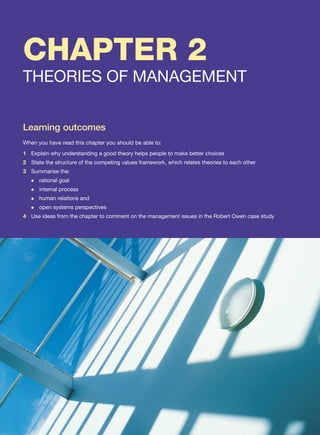 CHAPTER 2
THEORIES OF MANAGEMENT
Learning outcomes
When you have read this chapter you should be able to:
1 Explain why understanding a good theory helps people to make better choices
2 State the structure of the competing values framework, which relates theories to each other
3 Summarise the:
z rational goal
z internal process
z human relations and
z open systems perspectives
4 Use ideas from the chapter to comment on the management issues in the Robert Owen case study
 