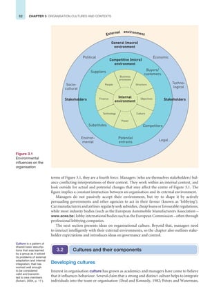 52 CHAPTER 3 ORGANISATION CULTURES AND CONTEXTS
terms of Figure 3.1, they are a fourth force. Managers (who are themselves stakeholders) bal-
ance conflicting interpretations of their context. They work within an internal context, and
look outside for actual and potential changes that may affect the centre of Figure 3.1. The
figure implies a constant interaction between an organisation and its external environment.
Managers do not passively accept their environment, but try to shape it by actively
persuading governments and other agencies to act in their favour (known as ‘lobbying’).
Car manufacturers and airlines regularly seek subsidies, cheap loans or favourable regulations,
while most industry bodies (such as the European Automobile Manufacturers Association –
www.acea.be) lobby international bodies such as the European Commission – often through
professional lobbying companies.
The next section presents ideas on organisational culture. Beyond that, managers need
to interact intelligently with their external environments, so the chapter also outlines stake-
holder expectations and introduces ideas on governance and control.
Developing cultures
Interest in organisation culture has grown as academics and managers have come to believe
that it influences behaviour. Several claim that a strong and distinct culture helps to integrate
individuals into the team or organisation (Deal and Kennedy, 1982; Peters and Waterman,
Cultures and their components
3.2
Figure 3.1
Environmental
influences on the
organisation
External environment
Stakeholders Stakeholders
Competitive (micro)
environment
General (macro)
environment
Competitors
Substitutes
Buyers/
customers
Suppliers
Political
Potential
entrants
Socio-
cultural
Legal
Economic
Techno-
logical
Environ-
mental
Business
processes
Structure
People
Culture
Technology
Power
Objectives
Finance
Internal
environment
Culture is a pattern of
shared basic assump-
tions that was learned
by a group as it solved
its problems of external
adaptation and internal
integration, that has
worked well enough
to be considered
valid and transmit-
ted to new members
(Schein, 2004, p. 17 ).
 