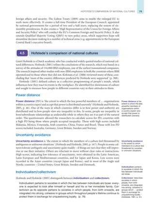 79
HOFSTEDE’S COMPARISON OF NATIONAL CULTURES
foreign affairs and security. The Lisbon Treaty (2009) aims to enable the enlarged EU to
work more effectively. It creates a full-time President of the European Council, appointed
by national governments for a period of two and a half years, replacing the system of six-
monthly presidencies. It also creates a ‘High Representative of the Union for Foreign Affairs
and Security Policy’ who will conduct the EU’s Common Foreign and Security Policy. It also
extends Qualified Majority Voting (QMV) to new policy areas, which supporters hope will
streamline decision-making in a number of technical areas (e.g. appointments to the European
Central Bank’s executive board).
Geert Hofstede is a Dutch academic who has conducted widely quoted studies of national cul-
tural differences. Hofstede (2001) refines the conclusions of his research, which was based on a
survey of the attitudes of 116,000 IBM employees, one of the earliest transnational companies.
The research inspired other studies with non-IBM employees in both the countries where IBM
operated and in those where they did not. Kirkman et al. (2006) reviewed many of these, con-
cluding that ‘most of the country differences predicted by Hofstede were supported’ (p. 308).
Hofstede (2001) defined culture as a collective programming of people’s minds, which
influences how they react to events in the workplace. He identified five dimensions of culture
and sought to measure how people in different countries vary in their attitudes to them.
Power distance
Power distance (PD) is ‘the extent to which the less powerful members of ... organisations
withinacountryexpectandacceptthatpowerisdistributedunevenly’(HofstedeandHofstede,
2005, p. 46). One of the ways in which countries differ is in how power and authority are
distributed and in how people view any inequality in this. In some, people see inequality in
boss/subordinate relationships as undesirable while in others they see it as part of the natural
order. The questionnaire allowed the researchers to calculate scores for PD, countries with
a high PD being those where people accepted inequality. Those with high scores included
Malaysia, Mexico, Venezuela, Arab countries, China, France and Brazil. Those with low PD
scores included Australia, Germany, Great Britain, Sweden and Norway.
Uncertainty avoidance
Uncertainty avoidance is ‘the extent to which the members of a culture feel threatened by
ambiguous or unknown situations’ (Hofstede and Hofstede, 2005, p. 167). People in some cul-
tures tolerate ambiguity and uncertainty quite readily – if things are not clear they will impro-
vise or use their initiative. Others are reluctant to move without clear rules or instructions.
High scores, indicating low tolerance of uncertainty, were obtained in the Latin American,
Latin European and Mediterranean countries, and for Japan and Korea. Low scores were
recorded in the Asian countries (except Japan and Korea), and in most of the Anglo and
Nordic countries – United States, Great Britain, Sweden and Denmark.
Individualism/collectivism
Hofstede and Hofstede (2005) distinguish between individualism and collectivism:
Individualism pertains to societies in which the ties between individuals are loose: every-
one is expected to look after himself or herself and his or her immediate family. Col-
lectivism as its opposite pertains to societies in which people, from birth onwards, are
integrated into strong, cohesive in-groups which throughout people’s lifetime continue to
protect them in exchange for unquestioning loyalty. (p. 76)
Hofstede’s comparison of national cultures
4.5
Power distance is the
extent to which the less
powerful members of
organisations within
a country expect and
accept that power is
distributed unevenly.
Uncertainty avoidance
is the extent to which
members of a culture feel
threatened by uncertain
or unknown situations.
Individualism pertains
to societies in which the
ties between individuals
are loose.
Collectivism ‘describes
societies in which
people, from birth
onwards, are integrated
into strong, cohesive in-
groups which ... protect
them in exchange for
unquestioning loyalty.’
(Hofstede, 1991, p. 51)
 