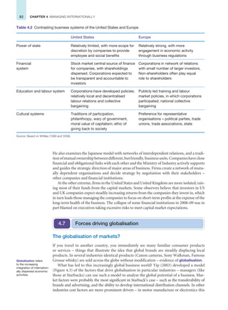 82 CHAPTER 4 MANAGING INTERNATIONALLY
Table 4.2 Contrasting business systems of the United States and Europe
United States Europe
Power of state Relatively limited, with more scope for
discretion by companies to provide
employee and social benefits
Relatively strong, with more
engagement in economic activity
through business regulations
Financial
system
Stock market central source of finance
for companies, with shareholdings
dispersed. Corporations expected to
be transparent and accountable to
investors
Corporations in network of relations
with small number of larger investors.
Non-shareholders often play equal
role to shareholders
Education and labour system Corporations have developed policies;
relatively local and decentralised
labour relations and collective
bargaining
Publicly led training and labour
market policies, in which corporations
participated; national collective
bargaining
Cultural systems Traditions of participation,
philanthropy, wary of government,
moral value of capitalism; ethic of
giving back to society
Preference for representative
organisations – political parties, trade
unions, trade associations, state
Source: Based on Whitley (1999 and 2009).
He also examines the Japanese model with networks of interdependent relations, and a tradi-
tionofmutualownershipbetweendifferent,butfriendly,businessunits.Companieshaveclose
financial and obligational links with each other and the Ministry of Industry actively supports
and guides the strategic direction of major areas of business. Firms create a network of mutu-
ally dependent organisations and decide strategy by negotiation with their stakeholders –
other companies and financial institutions.
At the other extreme, firms in the United States and United Kingdom are more isolated, rais-
ing most of their funds from the capital markets. Some observers believe that investors in US
and UK companies expect steadily increasing returns from the companies they invest in, which
in turn leads those managing the companies to focus on short-term profits at the expense of the
long-term health of the business. The collapse of some financial institutions in 2008–09 was in
part blamed on executives taking excessive risks to meet capital market expectations.
The globalisation of markets?
If you travel to another country, you immediately see many familiar consumer products
or services – things that illustrate the idea that global brands are steadily displacing local
products. In several industries identical products (Canon cameras, Sony Walkman, Famous
Grouse whisky) are sold across the globe without modification – evidence of globalisation.
What has led to this increasingly global business world? Yip (2003) developed a model
(Figure 4.3) of the factors that drive globalisation in particular industries – managers (like
those at Starbucks) can use such a model to analyse the global potential of a business. Mar-
ket factors were probably the most significant in Starbuck’s case – such as the transferability of
brands and advertising, and the ability to develop international distribution channels. In other
industries cost factors are more prominent drivers – in motor manufacture or electronics this
Forces driving globalisation
4.7
Globalisation refers
to the increasing
integration of internation-
ally dispersed economic
activities.
 