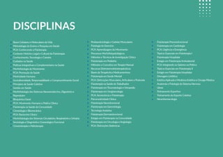 DISCIPLINAS
Bases Celulares e Moleculares daVida
Metodologia do Ensino e Pesquisa em Saúde
PCA: Conhecendo a Fisioterapia
Contexto Histórico Legal e Cultural da Fisioterapia
Conhecimento,Tecnologia e Carreira
Cuidados na Saúde
Práticas Integrativas e Complementares na Saúde
Morfoﬁsiologia do Movimento
PCA: Promoção da Saúde
Motricidade Humana
Sociodiversidade, Responsabilidade e Comprometimento Social
Princípios da Saúde Coletiva
Gestão em Saúde
Morfoﬁsiologia dos Sistemas Neuroendócrino, Digestório e
Reprodutor
Bioquímica Geral
PCA: Movimento Humano e Prática Clínica
Fisioterapia na Saúde da Comunidade
Cinesiologia e Biomecânica
PCA: Raciocínio Clínico
Morfoﬁsiologia dos Sistemas Circulatório, Respiratório e Urinário
Semiologia e Diagnóstico Cinesiológico Funcional
Cinesioterapia e Hidroterapia
Podoposturologia e Cadeias Musculares
Fisiologia do Exercício
PCA:Aprendizagem do Movimento
Processos Morfoﬁsiopatológicos
Métodos eTécnicas de Investigação Clínica
Fisioterapia em Pediatria
Métodos e Conceitos emTerapia Manual
Recursos Eletrotermofototerapêuticos
Bases daTerapêutica Medicamentosa
Fisioterapia em Saúde Mental
PCA: Disfunções Musculares,Articulares e Posturais
Fisioterapia na Saúde doTrabalhador
Fisioterapia emTraumatologia e Ortopedia
Fisioterapia em Uroginecologia
PCA: Senescência e Fisioterapia
Psicomotricidade Clínica
Fisioterapia Neurofuncional
Fisioterapia em Gerontologia
TecnologiaAssistiva
Fisioterapia Dermatofuncional
Estágio em Fisioterapia na Comunidade
Fisioterapia em Oncologia eAngiologia
PCA: Disfunções Sistêmicas
Fisioterapia Pneumofuncional
Fisioterapia em Cardiologia
PCA: Urgência e Emergência
Tópicos Especiais em Fisioterapia I
Fisioterapia Hospitalar
Estágio em FisioterapiaAmbulatorial
PCA: Integrando os Saberes na Prática
Tópicos Especiais em Fisioterapia II
Estágio em Fisioterapia Hospitalar
Drenagem Linfática
EstéticaAplicada à Medicina Estética e Cirurgia Plástica
Anatomia e Fisiologia do Sistema Nervoso
Libras
Treinamento Esportivo
Treinamento do Esporte Coletivo
Neurofarmacologia
 