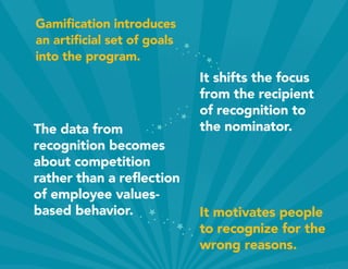Gamification introduces
an artificial set of goals
into the program.
It shifts the focus
from the recipient
of recognition to
the nominator.The data from
recognition becomes
about competition
rather than a reflection
of employee values-
based behavior. It motivates people
to recognize for the
wrong reasons.
 