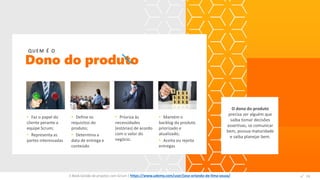 O dono do produto
precisa ser alguém que
saiba tomar decisões
assertivas, se comunicar
bem, possua maturidade
e saiba planejar bem.
Dono do produto
QUEM É O
Espaço
para
imagem
Espaço
para
imagem
Espaço
para
imagem
Espaço
para
imagem
• Faz o papel do
cliente perante a
equipe Scrum;
• Representa as
partes interessadas
• Define os
requisitos do
produto;
• Determina a
data de entrega e
conteúdo
• Prioriza às
necessidades
(estórias) de acordo
com o valor do
negócio.
• Mantém o
backlog do produto
priorizado e
atualizado;
• Aceita ou rejeita
entregas
E-Book Gestão de projetos com Scrum | www.orlandolima.com /orlandolimaadm @Orlando_ADM n°1n°19E-Book Gestão de projetos com Scrum | https://www.udemy.com/user/jose-orlando-de-lima-souza/
 