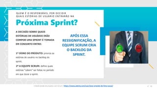 Próxima Sprint?
QUEM É O RESPONSÁVEL POR DECIDIR
QUAIS ESTÓRIAS DE USUÁRIO ENTRARÃO NA
Espaço
para
imagem
A DECISÃO SOBRE QUAIS
ESTÓRIAS DE USUÁRIO IRÃO
COMPOR UMA SPRINT É TOMADA
EM CONJUNTO ENTRE:
1º DONO DO PRODUTO: prioriza as
estórias de usuário no backlog do
sprint.
2º A EQUIPE SCRUM: define quais
estórias “cabem” ser feitas no período
em que durar a sprint.
APÓS ESSA
RESSIGNIFICAÇÃO, A
EQUIPE SCRUM CRIA
O BACKLOG DA
SPRINT.
E-Book Gestão de projetos com Scrum | www.orlandolima.com /orlandolimaadm @Orlando_ADM n°1n°33E-Book Gestão de projetos com Scrum | https://www.udemy.com/user/jose-orlando-de-lima-souza/
 