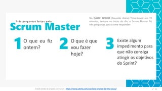 Scrum Master
1O que eu fiz
ontem? 2O que é que
vou fazer
hoje?
3Existe algum
impedimento para
que não consiga
atingir os objetivos
do Sprint?
Três perguntas feitas pelo
E-Book Gestão de projetos com Scrum | www.orlandolima.com /orlandolimaadm @Orlando_ADM n°1
No DAYLE SCRUM (Reunião diária) Time-boxed em 15
minutos, sempre no início do dia, o Scrum Master faz
três perguntas para o time responder:
n°35E-Book Gestão de projetos com Scrum | https://www.udemy.com/user/jose-orlando-de-lima-souza/
 