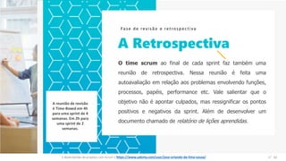 O time scrum ao final de cada sprint faz também uma
reunião de retrospectiva. Nessa reunião é feita uma
autoavaliação em relação aos problemas envolvendo funções,
processos, papéis, performance etc. Vale salientar que o
objetivo não é apontar culpados, mas ressignificar os pontos
positivos e negativos da sprint. Além de desenvolver um
documento chamado de relatório de lições aprendidas.
A Retrospectiva
Fase de revisão e retrospectiva
A reunião de revisão
é Time-Boxed em 4h
para uma sprint de 4
semanas. Em 2h para
uma sprint de 2
semanas.
E-Book Gestão de projetos com Scrum | www.orlandolima.com /orlandolimaadm @Orlando_ADM n°1n°42E-Book Gestão de projetos com Scrum | https://www.udemy.com/user/jose-orlando-de-lima-souza/
 