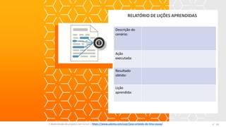 RELATÓRIO DE LIÇÕES APRENDIDAS
E-Book Gestão de projetos com Scrum | www.orlandolima.com /orlandolimaadm @Orlando_ADM n°1
Descrição do
cenário:
Ação
executada:
Resultado
obtido:
Lição
aprendida:
n°43E-Book Gestão de projetos com Scrum | https://www.udemy.com/user/jose-orlando-de-lima-souza/
 