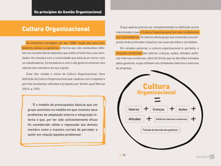 18
“É o modelo de pressupostos básicos que um
grupo assimilou na medida em que resolveu seus
problemas de adaptação externa e integração in-
terna e que, por ter sido suficientemente eficaz
foi considerado válido e repassado aos demais
membro como a maneira correta de perceber e
sentir em relação àqueles problemas”.
Os princípios da Gestão Organizacional
Cultura Organizacional
Cultura
Organizacional
Valores Crenças
Atitudes Políticas internas e externas
Tomada de decisão dos gestores
Ações
As empresas carregam em seu “DNA” muito dos seus fun-
dadores, sócios ou gestores. A forma que são conduzidas refle-
tem as características daqueles que estão a frente das suas ativi-
dades. As relações com a comunidade que está ao em torno, com
os trabalhadores, fornecedores e com o até governo emanam dos
valores dos membros da sua cúpula.
Esse fato recebe o nome de Cultura Organizacional. Uma
definição de Cultura Organizacional que coaduna com o exposto e
permite excelentes reflexões é proposta por Schien apud Marras
(2016, p. 292):
O que apenas precisa ser complementado na definição acima
mencionada é que a Cultura Organizacional tem seu fundamento
nos controladores.Os valores deste grupo que comanda uma em-
presa terão profundos impactos nas suas decisões e atividades.
Em simples palavras, a cultura organizacional é, portanto, o
conjunto combinado dos valores, crenças, ações, atitudes, políti-
cas internas e externas, além da forma que as decisões tomadas
pelos gestores, e que refletem nos ambientes internos e externos
da empresa.
 