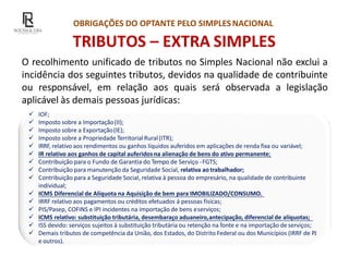  IOF;
 Imposto sobre a Importação(II);
 Imposto sobre a Exportação(IE);
 Imposto sobre a Propriedade Territorial Rural(ITR);
 IRRF, relativo aos rendimentos ou ganhos líquidos auferidos em aplicações de renda fixa ou variável;
 IR relativo aos ganhos de capital auferidos na alienação de bens do ativo permanente;
 Contribuição para o Fundo de Garantia do Tempo de Serviço -FGTS;
 Contribuição para manutenção da Seguridade Social, relativa aotrabalhador;
 Contribuição para a Seguridade Social, relativa à pessoa do empresário, na qualidade de contribuinte
individual;
 ICMS Diferencial de Alíquota na Aquisição de bem para IMOBILIZADO/CONSUMO.
 IRRF relativo aos pagamentos ou créditos efetuados á pessoas físicas;
 PIS/Pasep, COFINS e IPI incidentes na importação de bens eserviços;
 ICMS relativo: substituição tributária, desembaraço aduaneiro,antecipação, diferencial de alíquotas;
 ISS devido: serviços sujeitos à substituição tributária ou retenção na fonte e na importação deserviços;
 Demais tributos de competência da União, dos Estados, do Distrito Federal ou dos Municípios (IRRF de PJ
e outros).
OBRIGAÇÕES DO OPTANTE PELO SIMPLESNACIONAL
TRIBUTOS – EXTRA SIMPLES
O recolhimento unificado de tributos no Simples Nacional não exclui a
incidência dos seguintes tributos, devidos na qualidade de contribuinte
ou responsável, em relação aos quais será observada a legislação
aplicável às demais pessoas jurídicas:
 