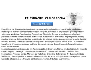 PALESTRANTE: CARLOS ROCHA
Experiência em diversos seguimentos de mercado, principalmente em indústrias farmacêuticas;
metalúrgicas e amplo conhecimento do setor varejista, atuando nas empresas de grande porte nos
setores de Marketing; Suprimentos; Financeiro e Tributário. Sempre atuando com melhoria de
processo aumento de rentabilidade e atração de investimentos e eficiência na geração resultados;
atuei no processo de implantação e terceirização do setor de contas a pagar; receber e parte do setor
fiscal da Indústria Farmacêutica Merck Group Brasil em conjunto com a Atento Brasil . Atualmente
trabalho na 5º maior empresa de auditoria do mundo na área de controladoria fiscal, atendendo
varias multinacionais.
Formação acadêmica: Graduação em Administração de Empresas, Técnico em Contabilidade, Extensão
Como Chegar a Liderança, Contabilidade Empresarial, Controle de Gastos no Comércio, FPV -
Formação do Preço de Venda, Mercado de Trabalho e Entrevista de Emprego, RH ,Sustentabilidade
Ambiental, . Com experiência no mercado empresarial. Atuando principalmente nos seguintes temas:
Mercado, Globalização, Estratégia; Contabilidade; Custos, Tributos e Suprimentos.
Consultor Tributário
 
