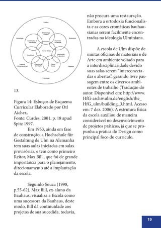 19
13.
Figura 14: Esboços de Esquema
Curricular Elaborado por Otl
Aicher..
Fonte: Curdes, 2001, p. 18 apud
Spitz 1997.
	 Em 1953, ainda em fase
de construção, a Hochschule für
Gestaltung de Ulm na Alemanha
tem suas aulas iniciadas em salas
provisórias, e tem como primeiro
Reitor, Max Bill , que foi de grande
importância para o planejamento,
direcionamento até a implantação
da escola.
	 Segundo Souza (1998,
p.55-62), Max Bill, ex-aluno da
Bauhaus, visualiza a Escola como
uma sucessora da Bauhaus, deste
modo, Bill dá continuidade aos
projetos de sua sucedida, todavia,
não procura uma restauração.
Embora a ortodoxia funcionalis-
ta e as cores cromáticas bauhau-
sianas serem facilmente encon-
tradas na ideologia Ulminiana.
	 A escola de Ulm dispõe de
muitas oficinas de materiais e de
Arte em ambiente voltado para
a interdisciplinaridade devido
suas salas serem “interconecta-
das e abertas”, gerando livre pas-
sagem entre os diversos ambi-
entes de trabalho (Tradução do
autor. Disponível em: http://www.
HfG-archiv.ulm.de/english/the_
HfG_ulm/building_3.html. Acesso
em: 7 dez. 2006). A estrutura física
da escola auxiliou de maneira
considerável no desenvolvimento
de projetos práticos, já que se pro-
punha a prática do Design como
principal foco do currículo.
 
