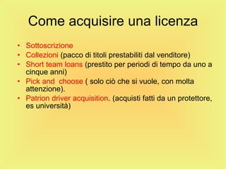 Come acquisire una licenza Sottoscrizione Collezioni  (pacco di titoli prestabiliti dal venditore) Short team loans  (prestito per periodi di tempo da uno a cinque anni) Pick and  choose  ( solo ciò che si vuole, con molta attenzione). Patrion   driver   acquisition . (acquisti fatti da un protettore, es università) 