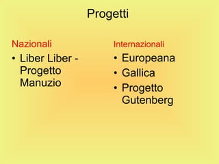 Progetti  Nazionali Liber Liber - Progetto Manuzio Internazionali Europeana Gallica Progetto Gutenberg 