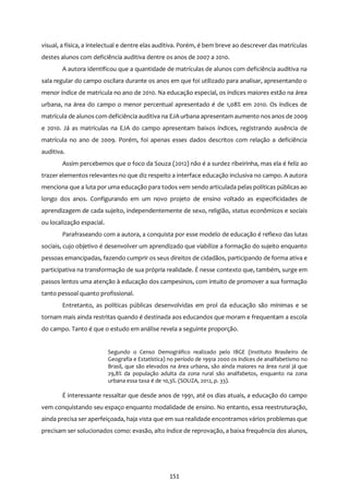 151
visual, a física, a intelectual e dentre elas auditiva. Porém, é bem breve ao descrever das matrículas
destes alunos com deficiência auditiva dentre os anos de 2007 a 2010.
A autora identificou que a quantidade de matrículas de alunos com deficiência auditiva na
sala regular do campo oscilara durante os anos em que foi utilizado para analisar, apresentando o
menor índice de matricula no ano de 2010. Na educação especial, os índices maiores estão na área
urbana, na área do campo o menor percentual apresentado é de 1,08% em 2010. Os índices de
matrícula de alunos com deficiência auditiva na EJA urbana apresentam aumento nos anos de 2009
e 2010. Já as matrículas na EJA do campo apresentam baixos índices, registrando ausência de
matrícula no ano de 2009. Porém, foi apenas esses dados descritos com relação a deficiência
auditiva.
Assim percebemos que o foco da Souza (2012) não é a surdez ribeirinha, mas ela é feliz ao
trazer elementos relevantes no que diz respeito a interface educação inclusiva no campo. A autora
menciona que a luta por uma educação para todos vem sendo articulada pelas políticas públicas ao
longo dos anos. Configurando em um novo projeto de ensino voltado as especificidades de
aprendizagem de cada sujeito, independentemente de sexo, religião, status econômicos e sociais
ou localização espacial.
Parafraseando com a autora, a conquista por esse modelo de educação é reflexo das lutas
sociais, cujo objetivo é desenvolver um aprendizado que viabilize a formação do sujeito enquanto
pessoas emancipadas, fazendo cumprir os seus direitos de cidadãos, participando de forma ativa e
participativa na transformação de sua própria realidade. É nesse contexto que, também, surge em
passos lentos uma atenção à educação dos campesinos, com intuito de promover a sua formação
tanto pessoal quanto profissional.
Entretanto, as políticas públicas desenvolvidas em prol da educação são mínimas e se
tornam mais ainda restritas quando é destinada aos educandos que moram e frequentam a escola
do campo. Tanto é que o estudo em análise revela a seguinte proporção.
Segundo o Censo Demográfico realizado pelo IBGE (Instituto Brasileiro de
Geografia e Estatística) no período de 1991a 2000 os índices de analfabetismo no
Brasil, que são elevados na área urbana, são ainda maiores na área rural já que
29,8% da população adulta da zona rural são analfabetos, enquanto na zona
urbana essa taxa é de 10,3%. (SOUZA, 2012, p. 33).
É interessante ressaltar que desde anos de 1991, até os dias atuais, a educação do campo
vem conquistando seu espaço enquanto modalidade de ensino. No entanto, essa reestruturação,
ainda precisa ser aperfeiçoada, haja vista que em sua realidade encontramos vários problemas que
precisam ser solucionados como: evasão, alto índice de reprovação, a baixa frequência dos alunos,
 