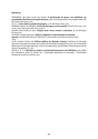 165
Referências
FERNANDES, Ana Paula Cunha dos Santos. A escolarização da pessoa com deficiência nas
comunidades ribeirinhas da Amazônia Paraense. 280 f. Tese (Doutorado), Universidade Federal de
São Carlos, São Carlos, 2015.
GIL, A. C. Como elaborar projetos de pesquisa. 4. Ed. São Paulo: Atlas, 2007.
MARQUES, Marta Inez Medeiros. O Conceito de espaço rural em questão. Revista Terra Livre. n.19,
2º sem. 2002. São Paulo: AGB, 2002. p.95-112.
MINAYO, Maria Cecília de Souza. Pesquisa social. Teoria, método e criatividade. 34ª Ed.-Petrópolis,
RJ:Vozes,2015.
OLIVEIRA, Ivanilde Apoluceno. Saberes, imaginários e representações na educação
especial: a problemática ética da “diferença” e da exclusão social. Rio de Janeiro: Vozes,
2004.
SILVA, Leandro Ferreira da. Políticas públicas de Educação Inclusiva: Interfaces da Educação
Especial na Educação do Campo no município de Conceição do Araguaia-PA. 2017. 120f. Dissertação
(Mestrado em Educação Agrícola). Instituto de Agronomia, Universidade Federal Rural do Rio de
Janeiro, Seropédica, RJ. 2017.
SOUZA, S. R. C. S. Educação no campo e a escolarização de pessoas com deficiência: uma análise
dos indicadores sociais no Paraná. 67 f. Dissertação (Mestrado em Educação) - Universidade
Estadual de Londrina, Londrina, 2012.
 